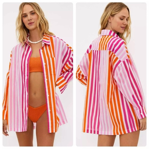 Beach Riot Tops - Beach Riot Shirt Alex Top Sunset Stripes Button Down Swim Cover Up Size L Petite